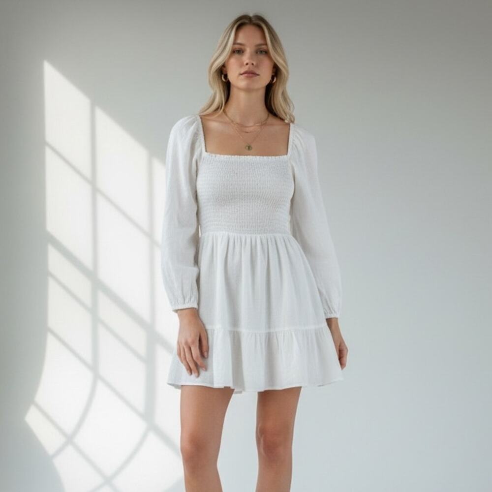 Wilfred Aritizia Tempest Smocked Linen Mini Dress Women's S White Organic Linen